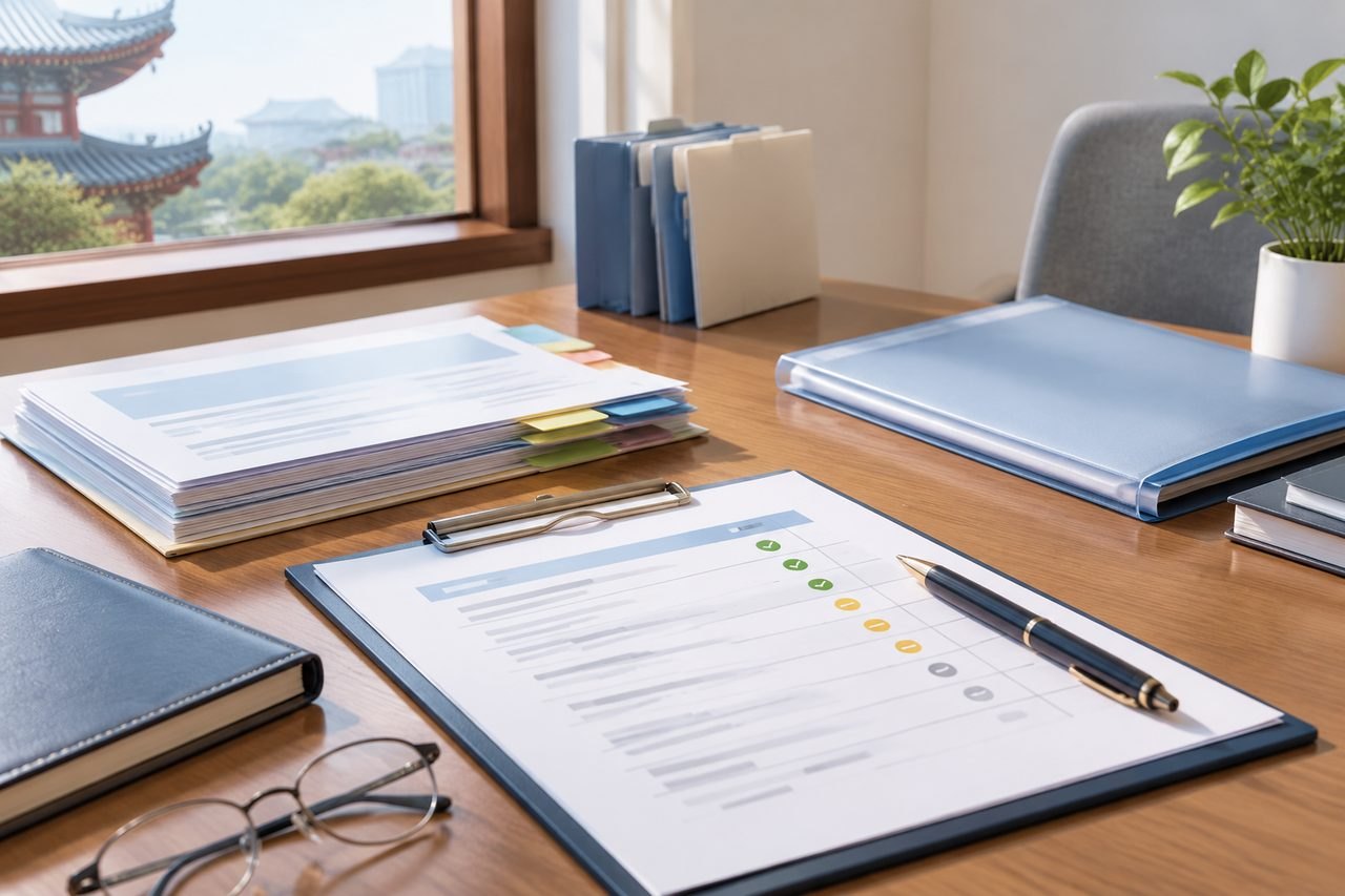 AI illustration: A well-organized office desk with documents, a pen, and a plant, overlooking a scenic view.