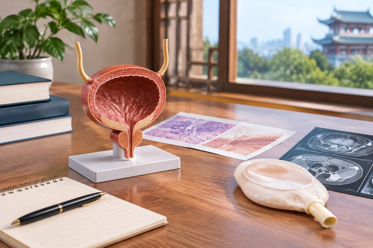 Illustrative image: A medical model of a bladder is displayed on a desk alongside anatomical images and a notebook.