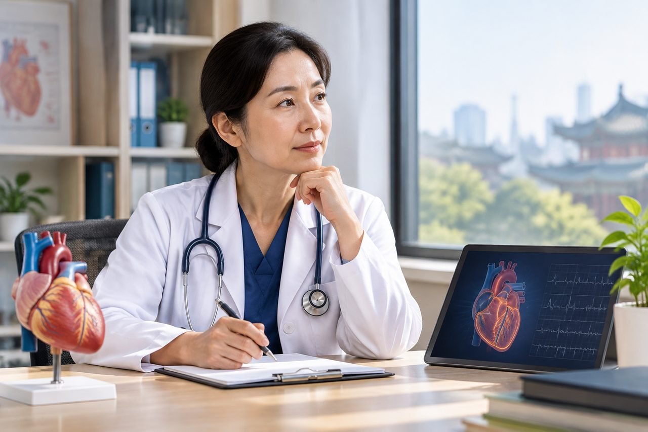 Illustrative image: A doctor is contemplating while reviewing heart anatomy on a tablet in a clinical setting.
