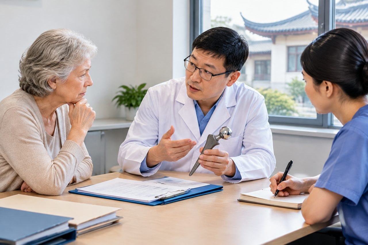 AI illustration: A doctor discusses a medical procedure with a patient and a nurse in a consultation room.