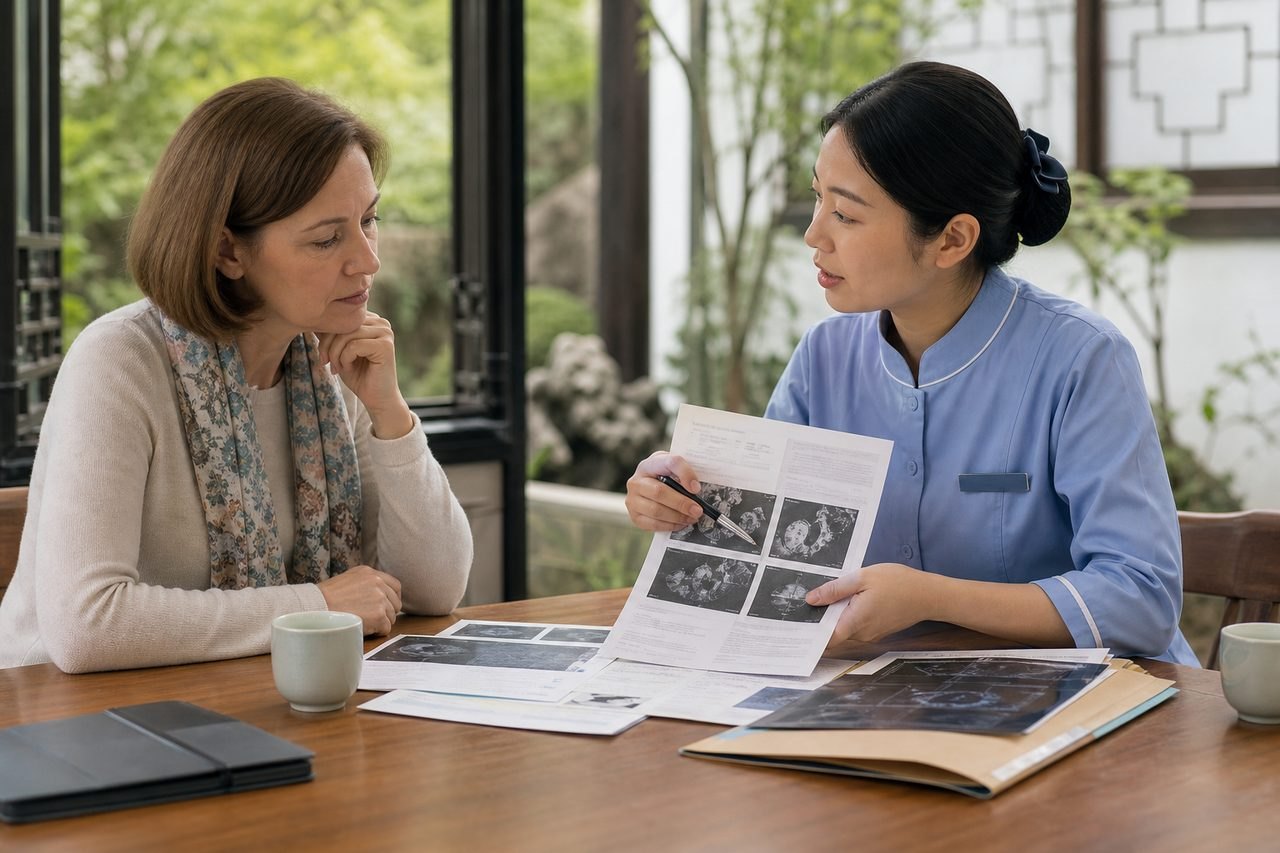 Illustrative image: A healthcare professional discusses medical images with a patient in a consultation setting.
