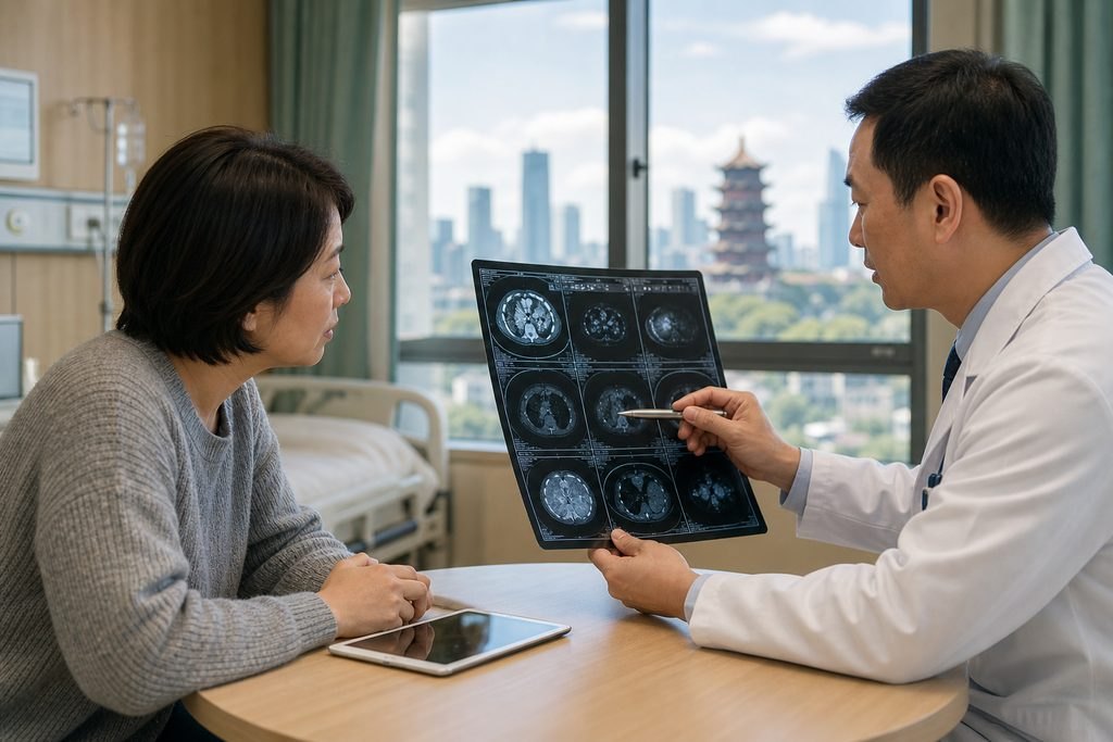 Illustrative image: A doctor discusses medical imaging with a patient in a hospital room.