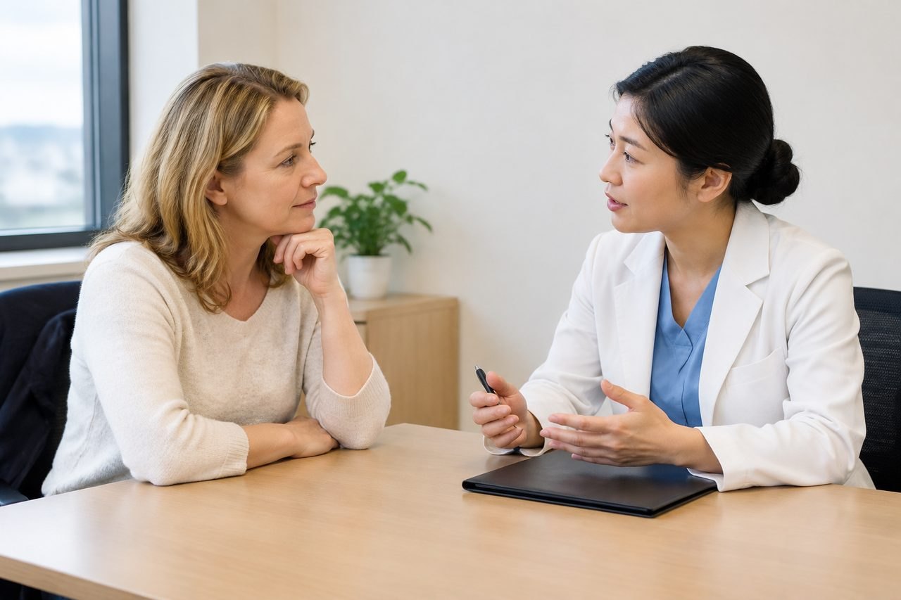 AI illustration: A doctor discusses with a patient in a consultation room.