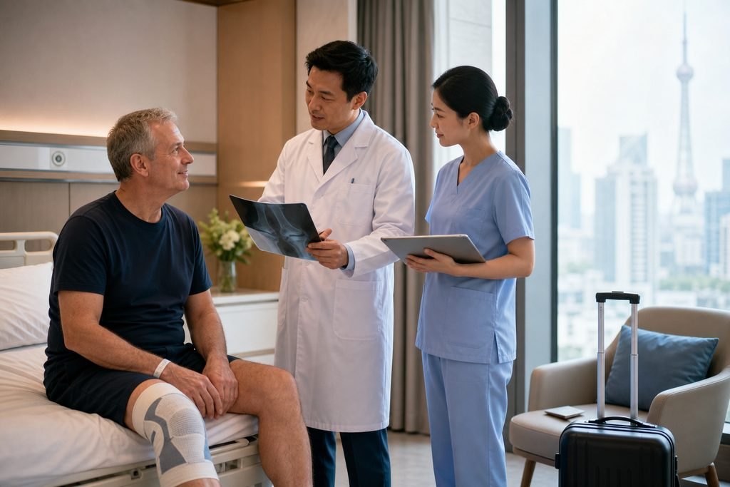 Illustrative image: A patient consults with medical staff in a hospital room, discussing treatment options while a suitcase is visible nearby.
