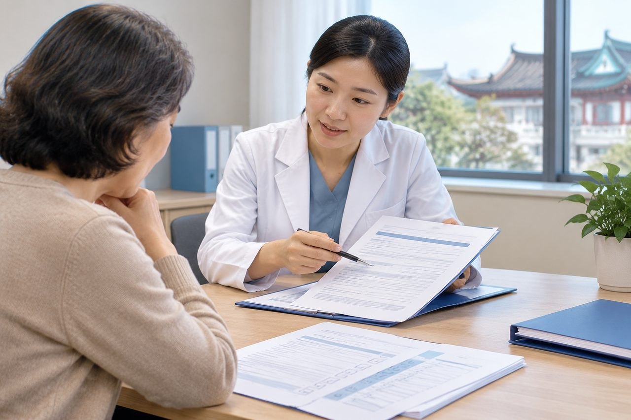 AI illustration: A doctor discusses medical documents with a patient in a consultation room.