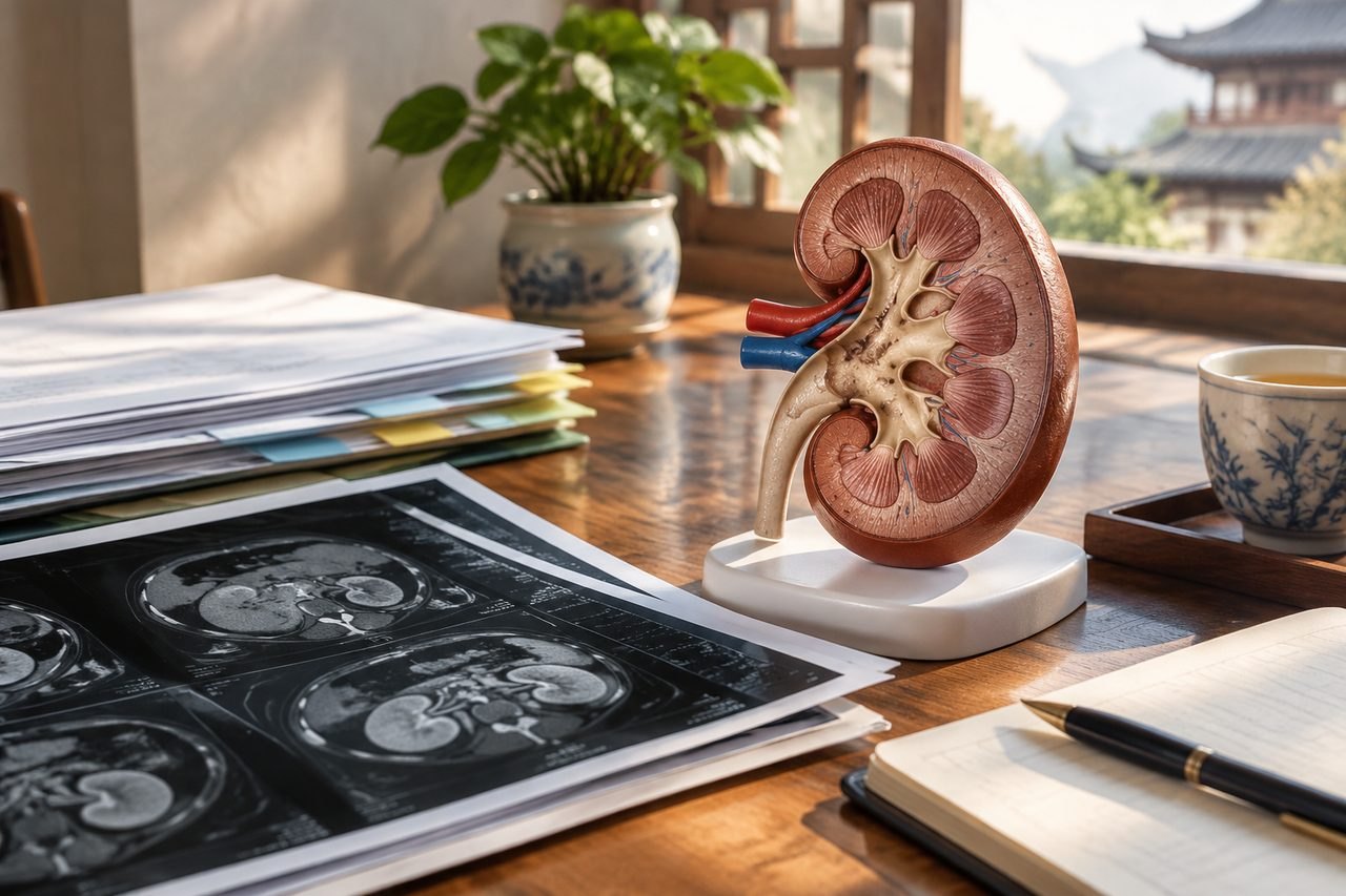 Illustrative image: A kidney anatomical model is displayed on a desk alongside medical imaging and documents.