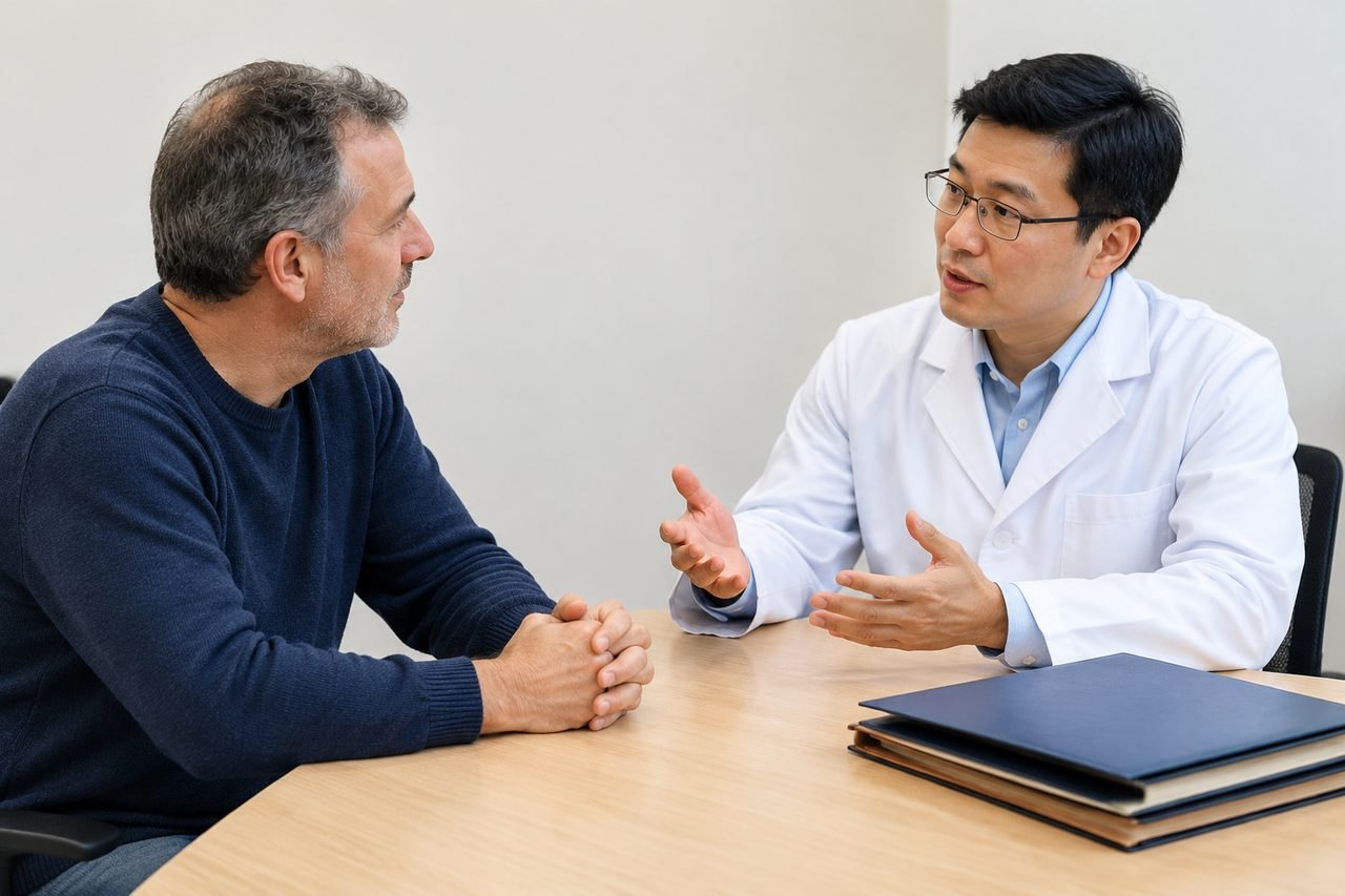 AI illustration: A doctor discusses with a patient in a consultation room.