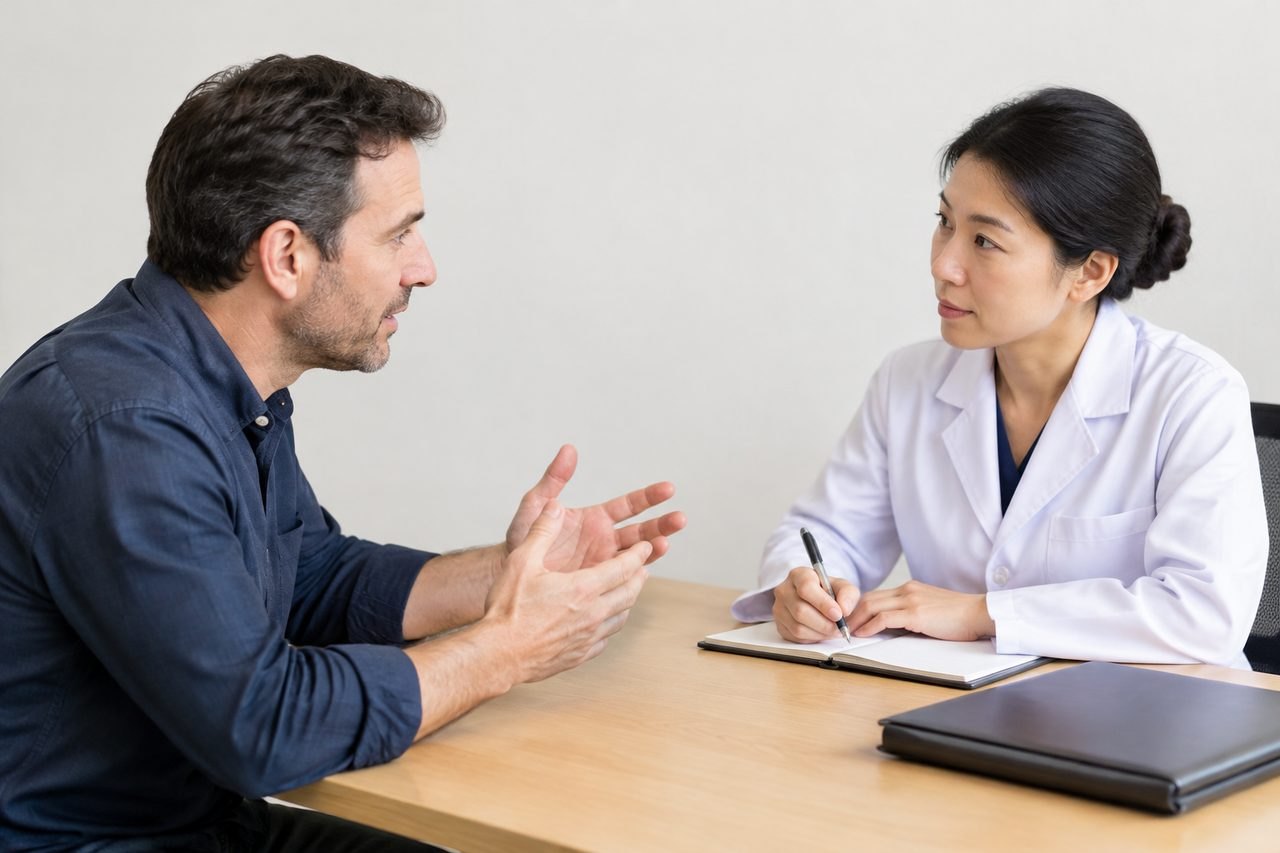 AI illustration: A doctor and patient engage in a consultation at a desk, discussing health matters.
