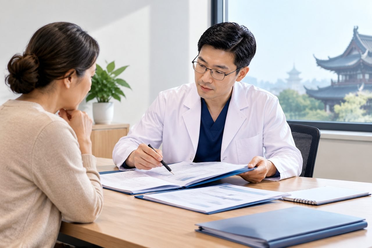 AI illustration: A doctor discusses medical information with a patient in a consultation room.
