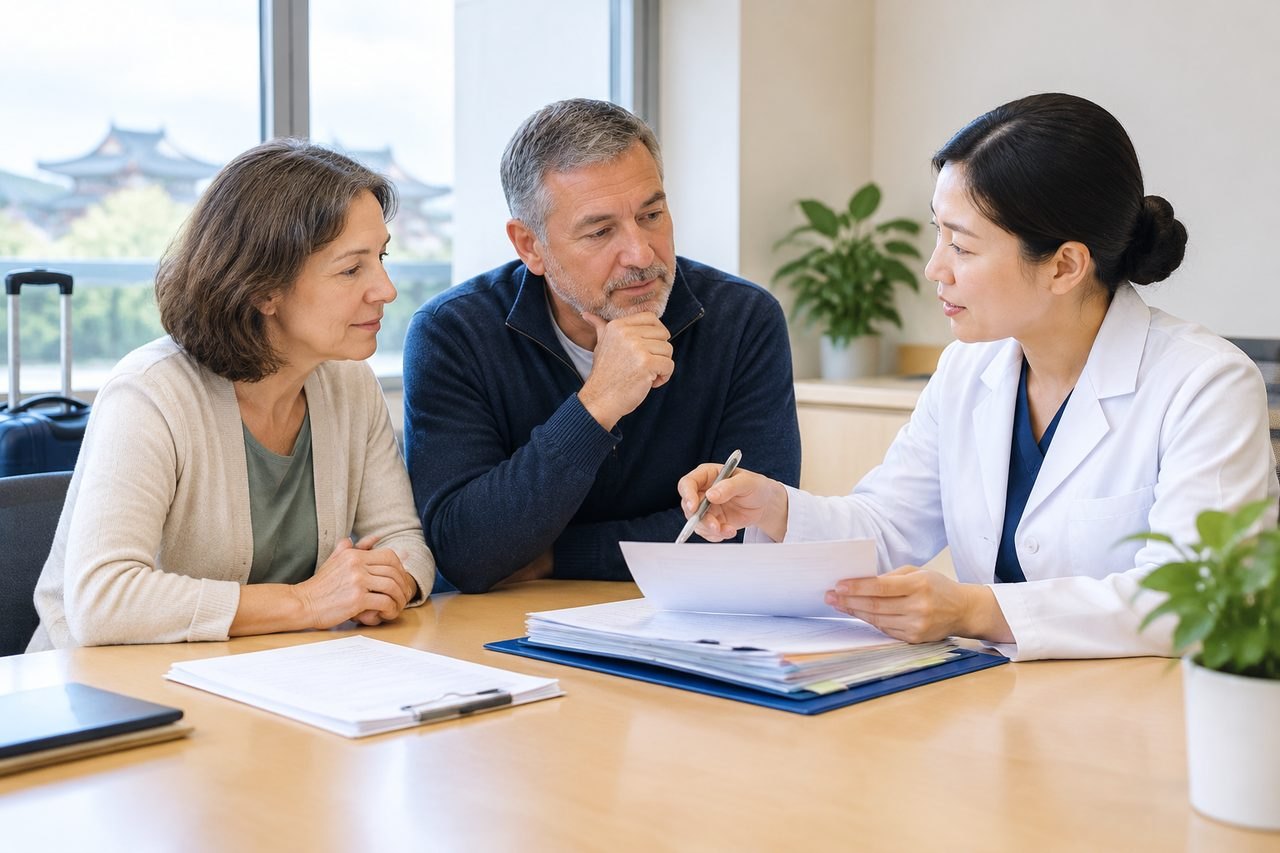 Illustrative image: A doctor discusses medical information with a couple in a consultation room.