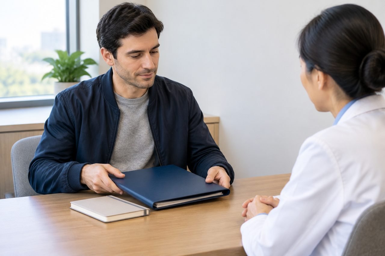 AI illustration: A patient discusses with a medical professional while presenting documents during a consultation.