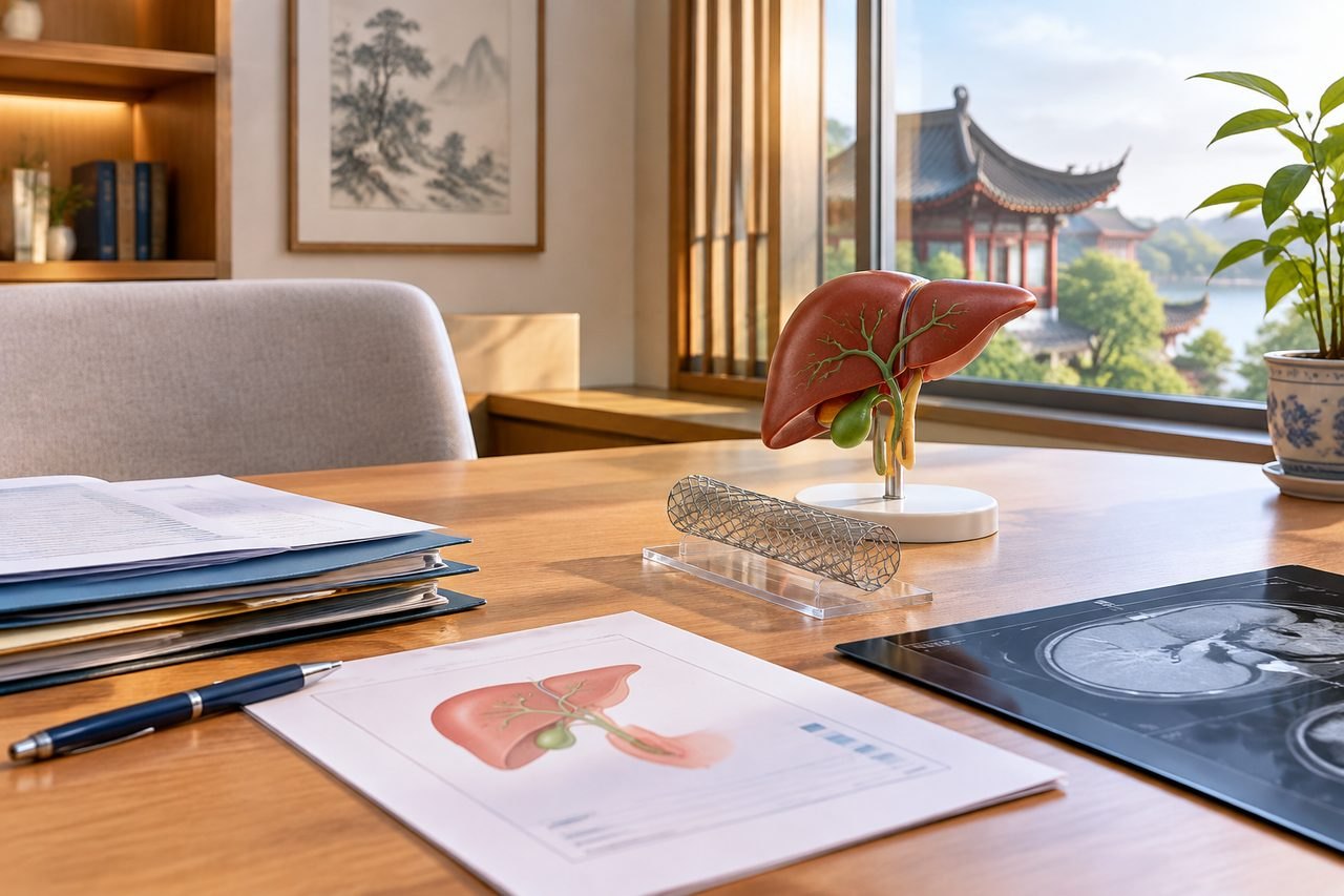 Illustrative image: A detailed anatomical model of a liver is displayed on a desk alongside medical documents and a scenic view outside the window.