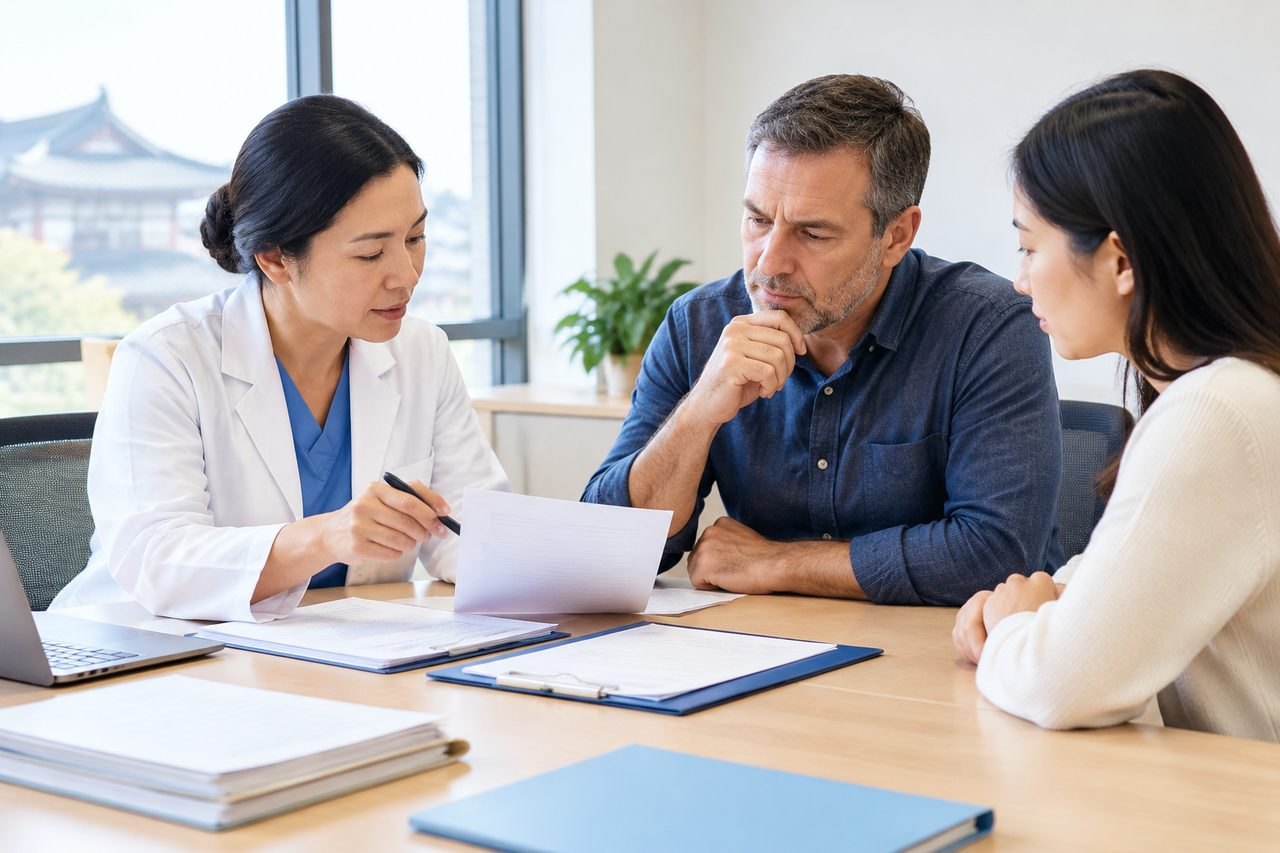 AI illustration: A doctor discusses medical documents with two patients in a consultation room.