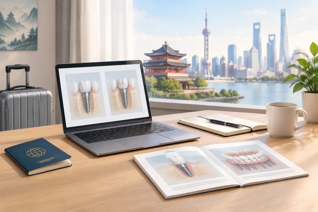 AI illustration: Dental implant illustrations on a laptop and open reference booklet