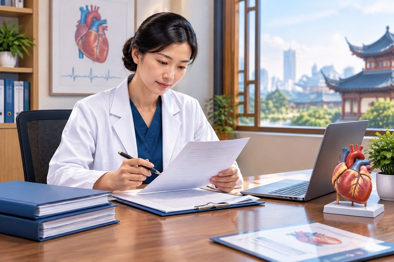 AI illustration: A medical professional reviews documents in an office setting with anatomical heart models and a laptop.