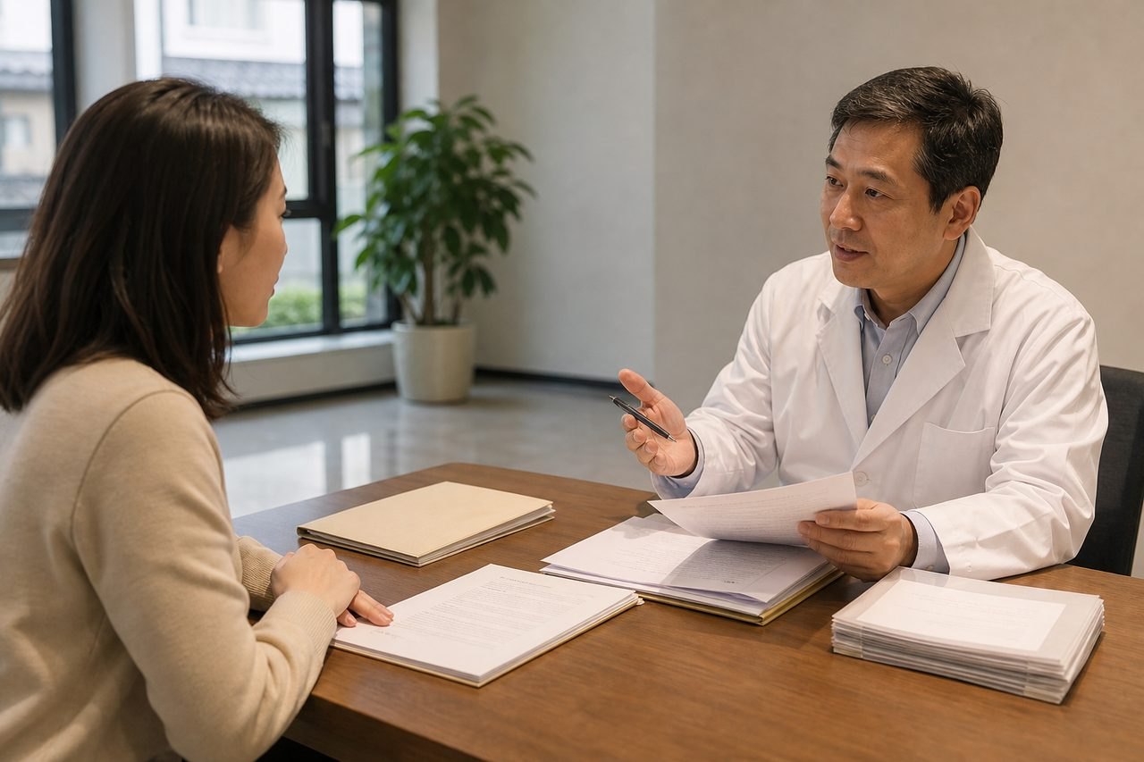 AI illustration: A doctor discusses medical documents with a patient in a consultation room.
