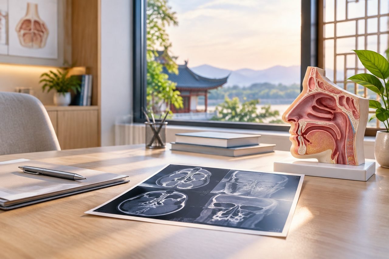 Illustrative image: A medical consultation room featuring anatomical models and X-ray images on a desk.