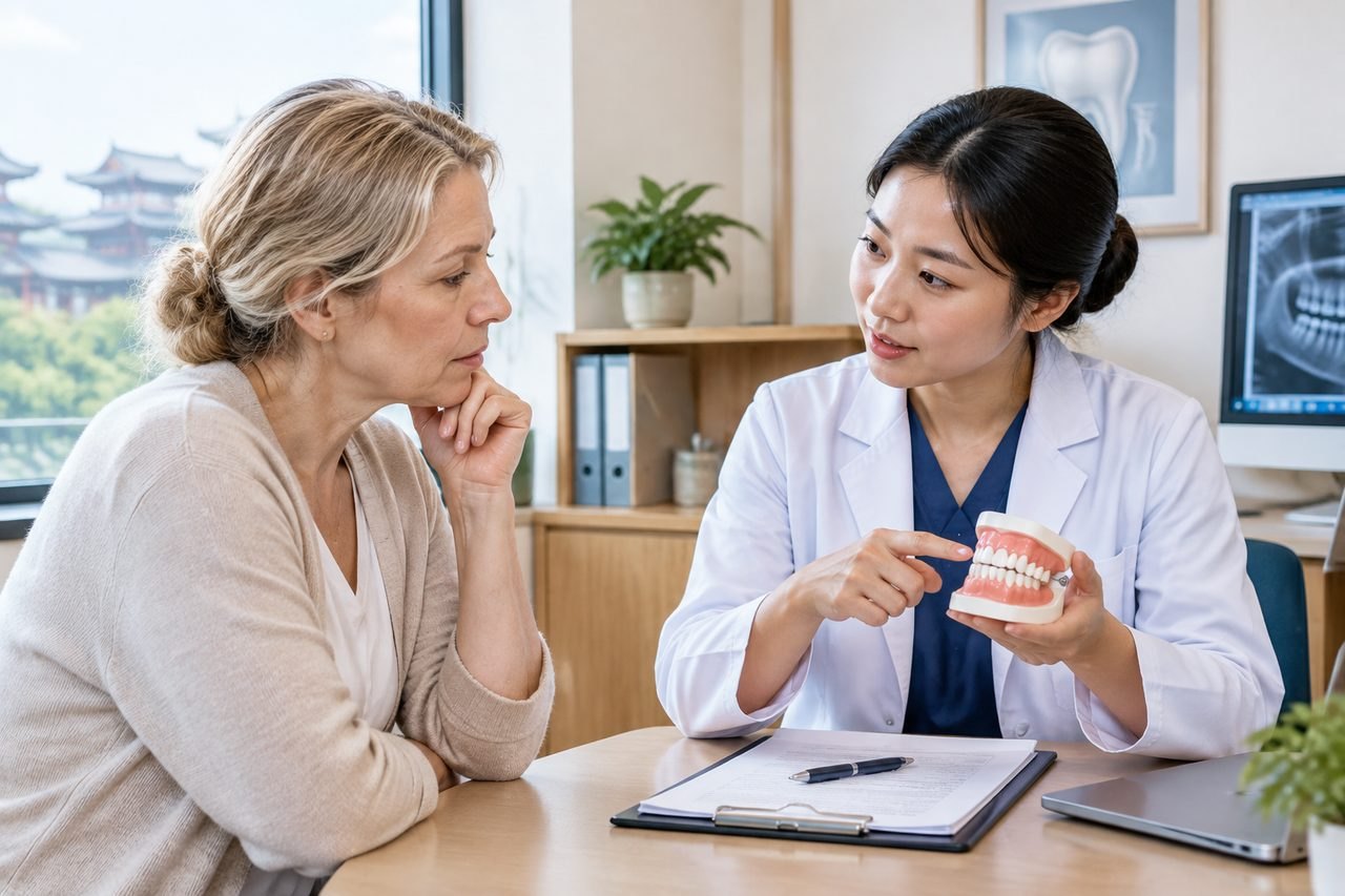 Illustrative image: A dental consultation where a doctor explains using a dental model.