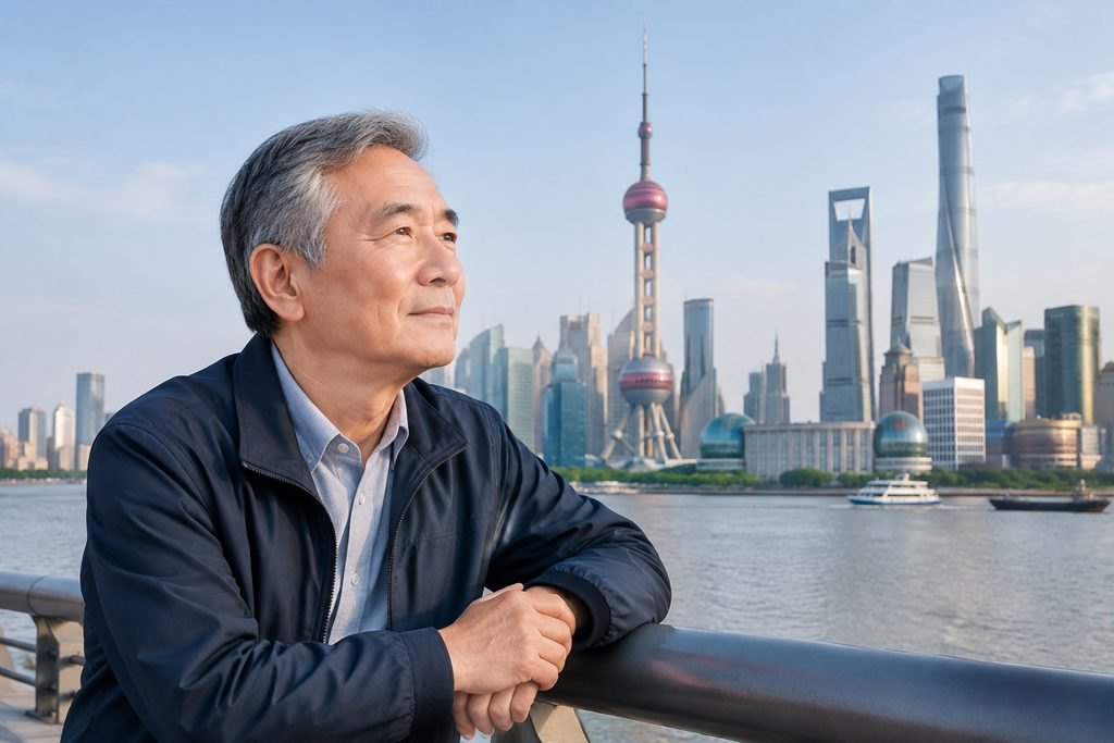 Illustrative image: An older man gazes thoughtfully at the skyline of Shanghai, featuring iconic skyscrapers and the Huangpu River.