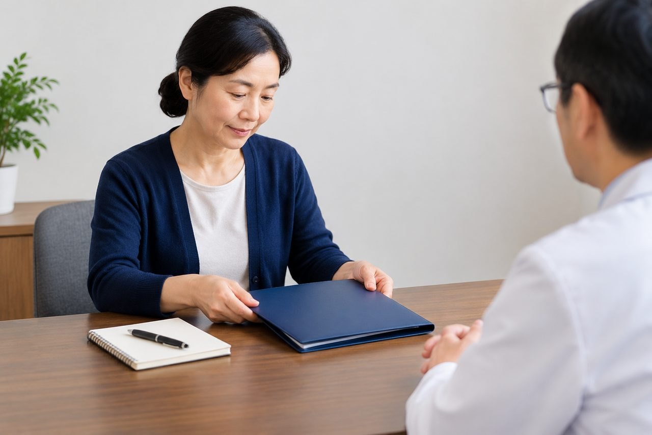 AI illustration: A woman is engaged in a consultation, presenting a folder to a medical professional during a discussion.