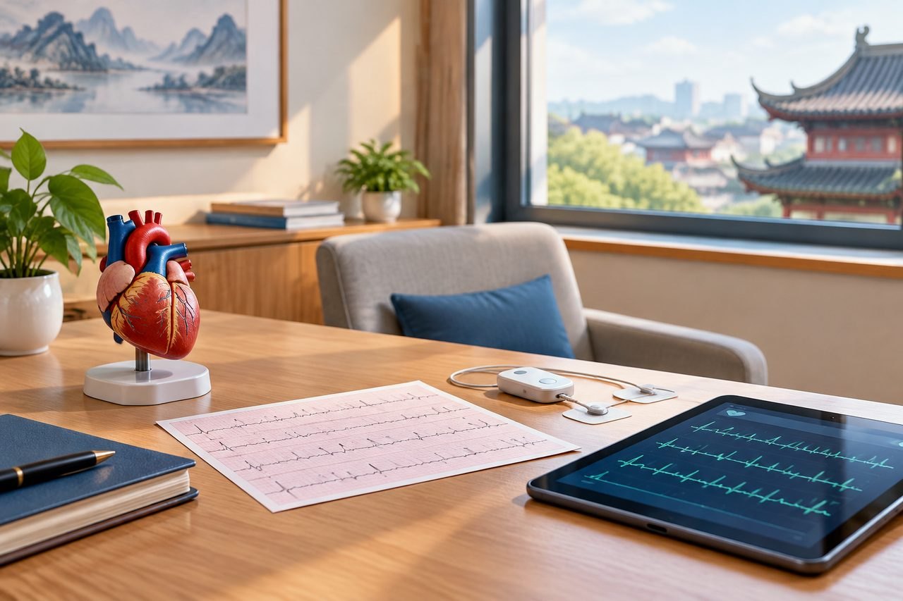 Illustrative image: A medical consultation space featuring a heart model, ECG printout, and a tablet displaying heart data.