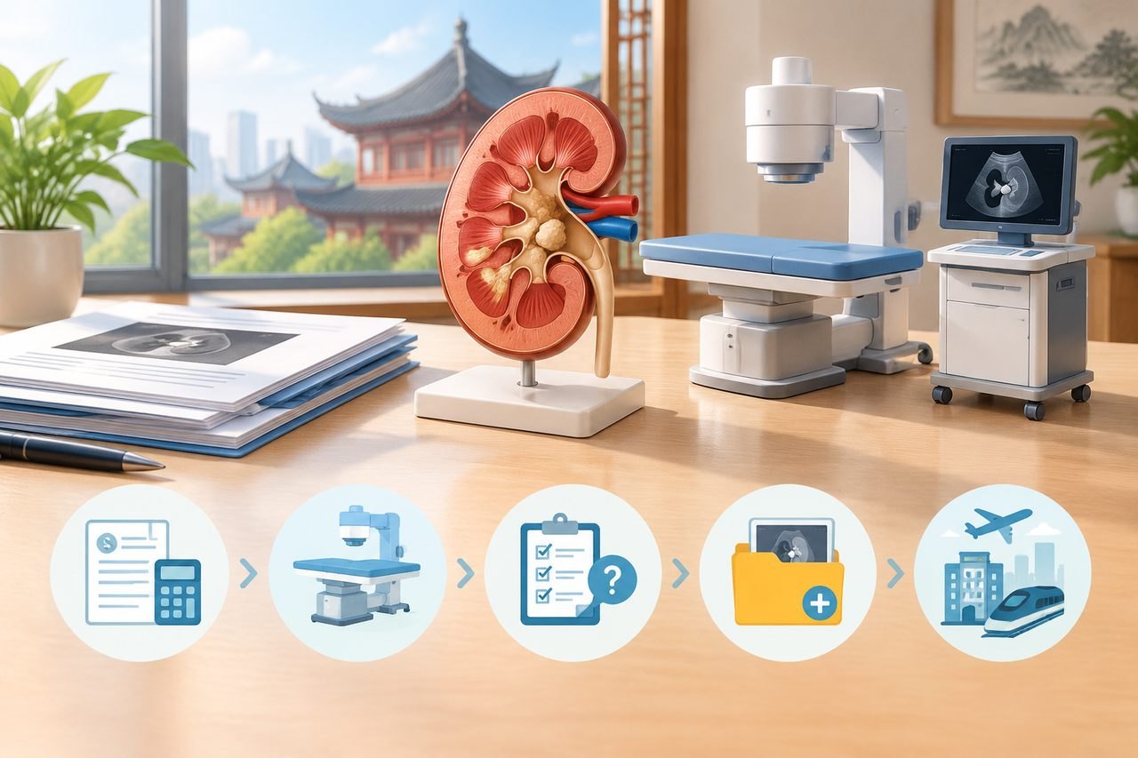 Illustrative image: A medical consultation scene featuring a kidney anatomical model and diagnostic equipment on a desk with a city skyline in the background.