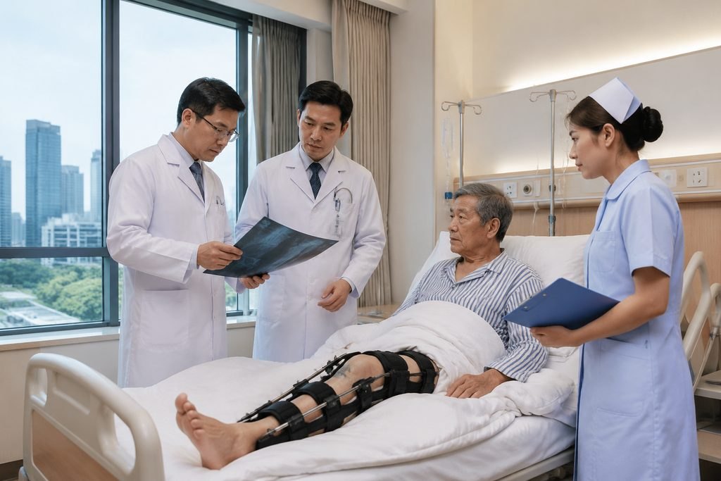 Illustrative image: Medical professionals discuss a patient's condition in a hospital room while the patient is in bed with a leg brace.