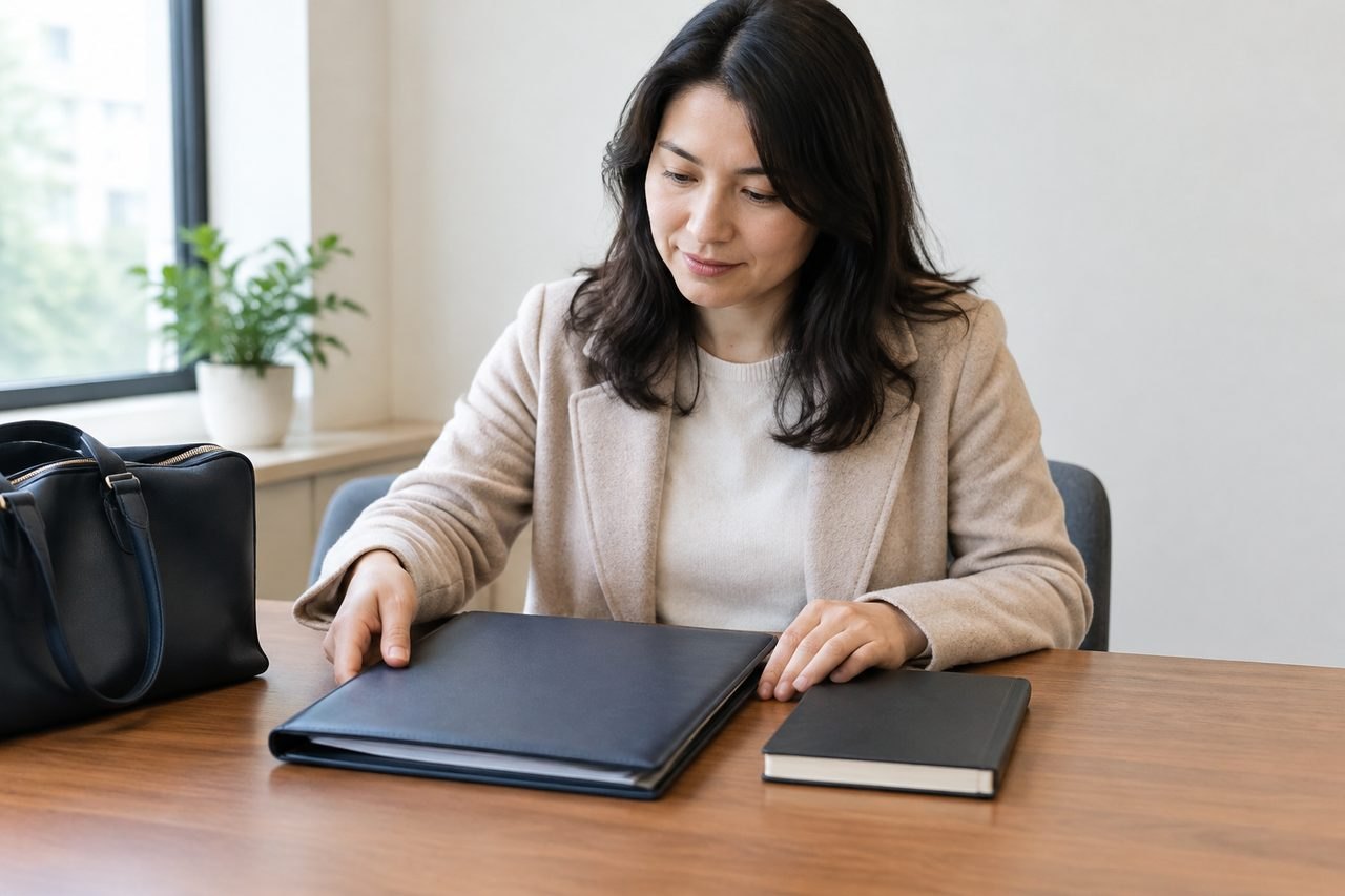 AI illustration: A woman is organizing documents on a table in a well-lit room.