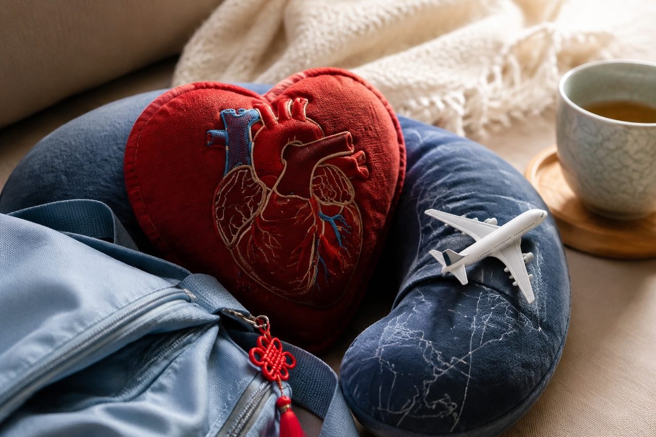 Illustrative image: A travel-themed scene featuring a heart-shaped pillow, a model airplane, and a cup of tea.