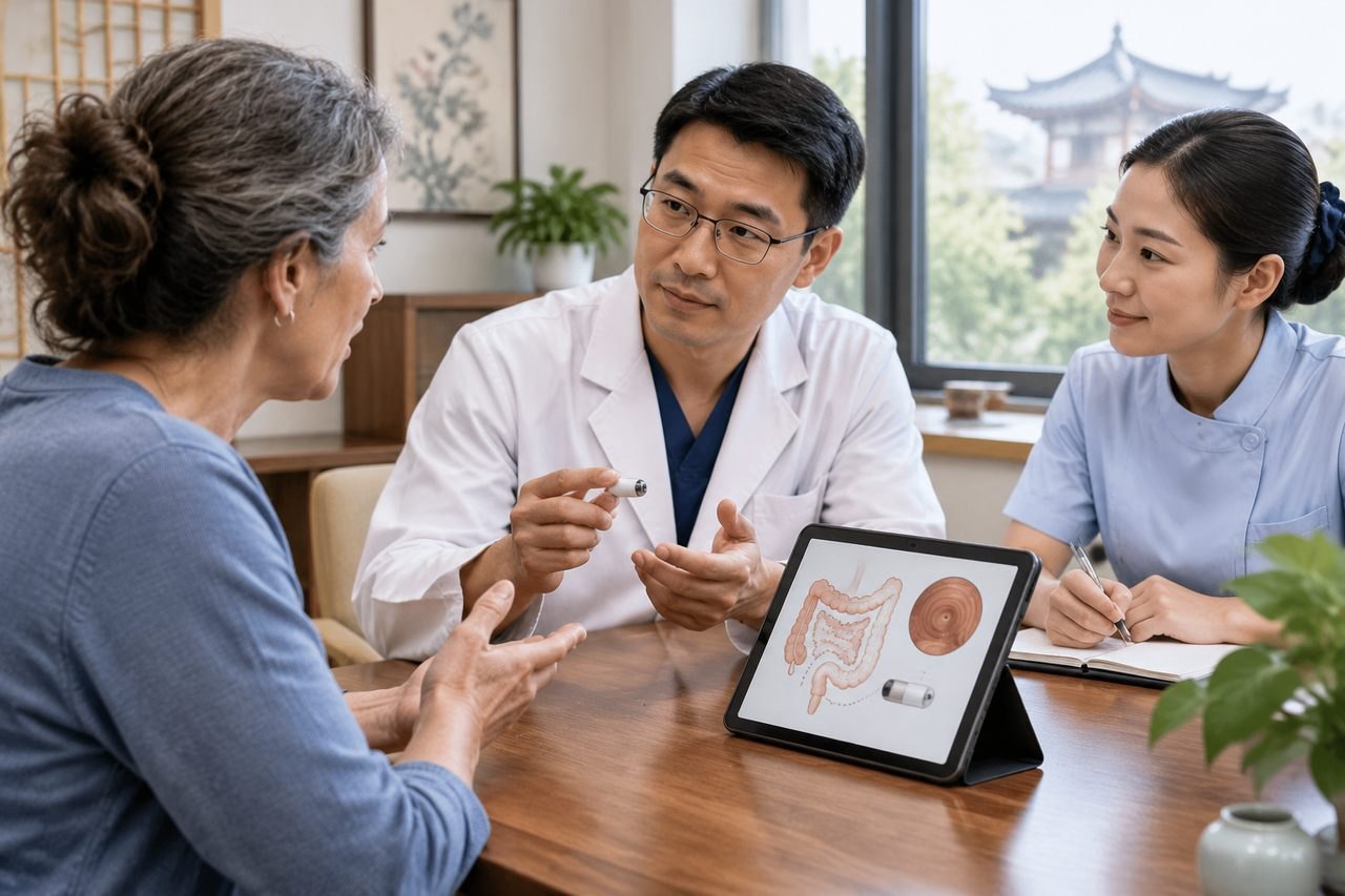 Illustrative image: A doctor discusses medical information with a patient and a nurse using a tablet during a consultation.