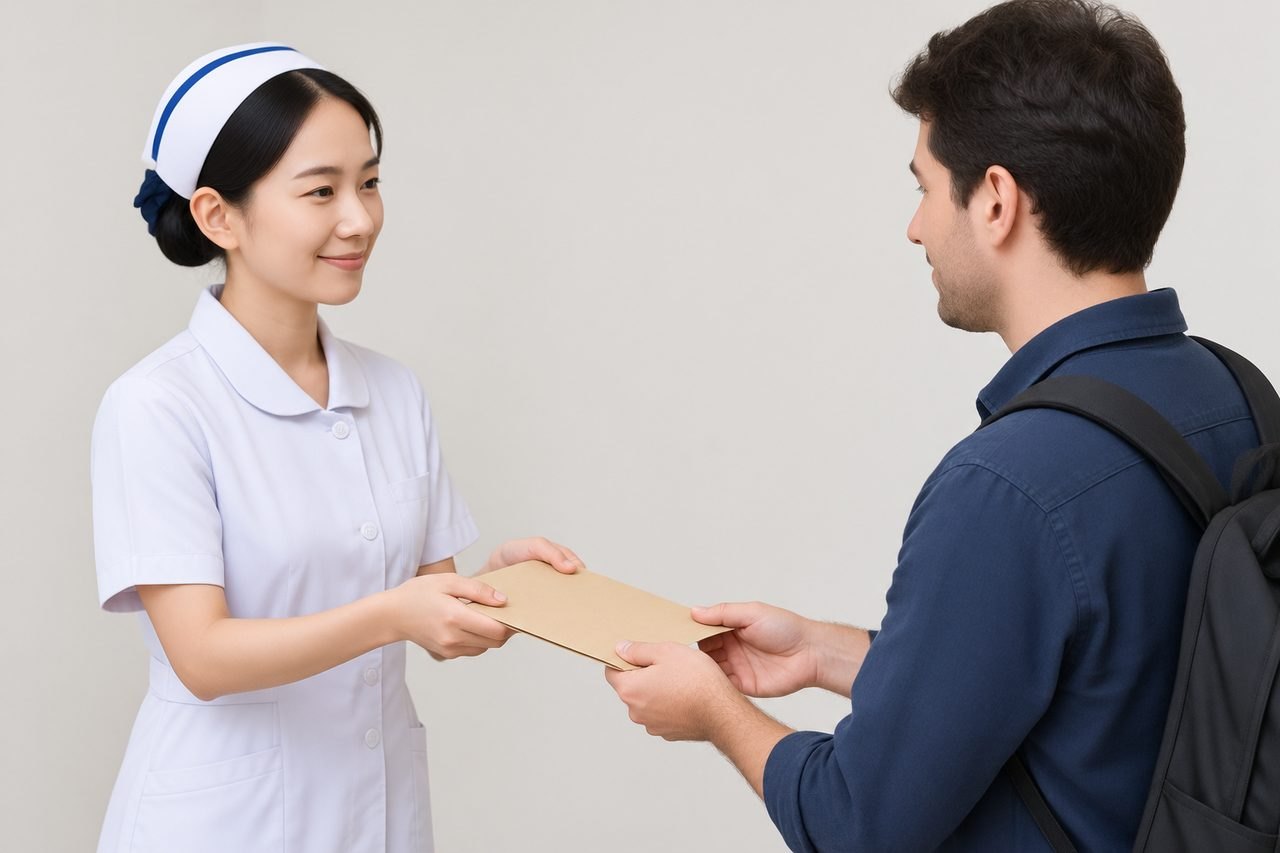 AI illustration: A nurse hands a document to a patient in a clinical setting.