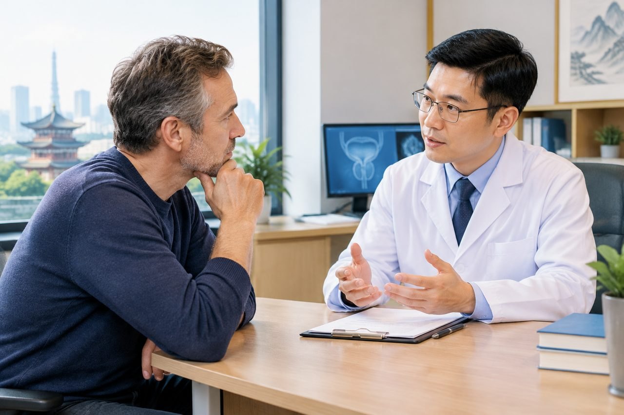 Illustrative image: A doctor discusses with a patient in a consultation room with a city skyline in the background.