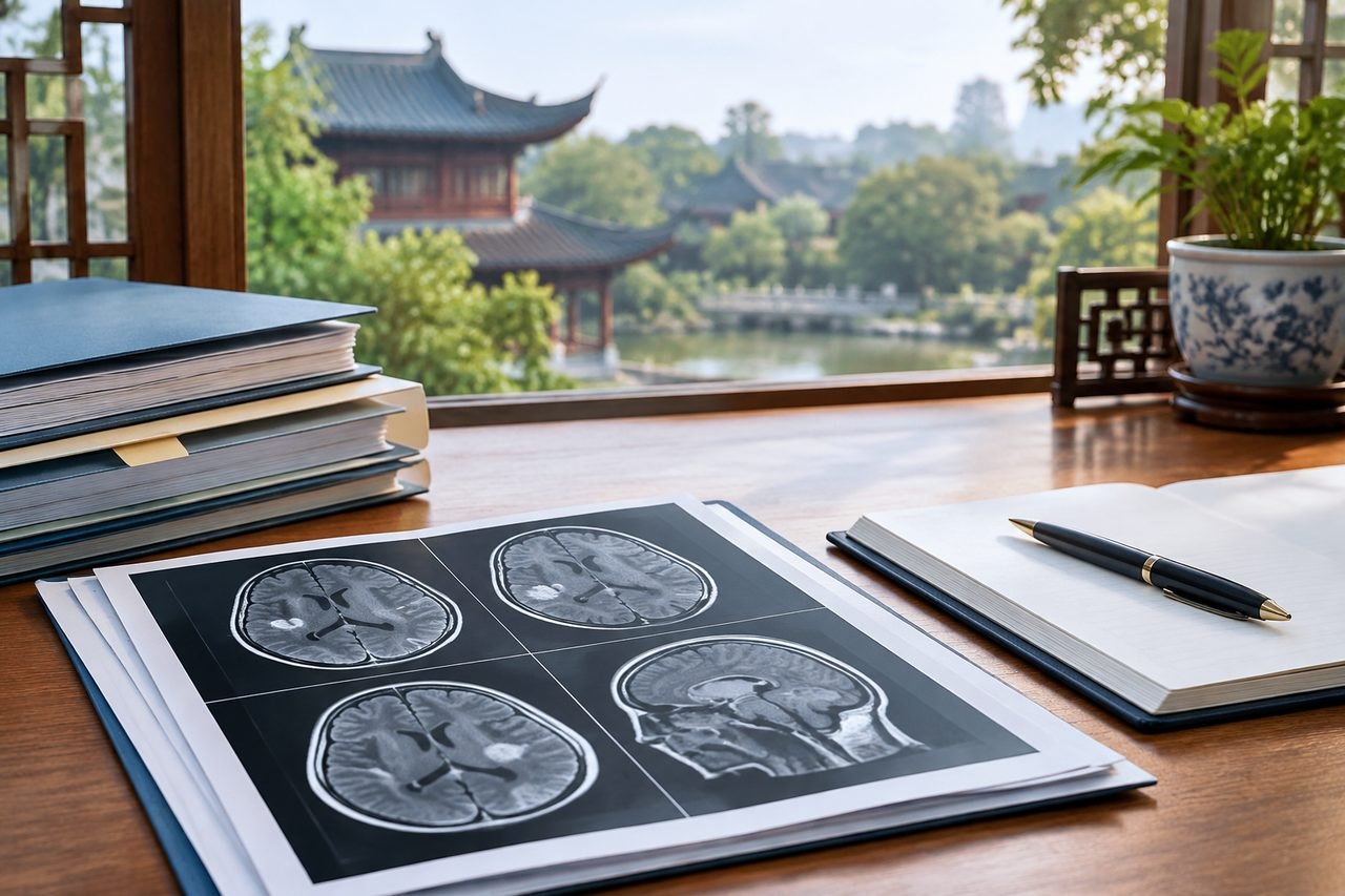 Illustrative image: A workspace featuring brain scan images, notebooks, and a scenic view outside.