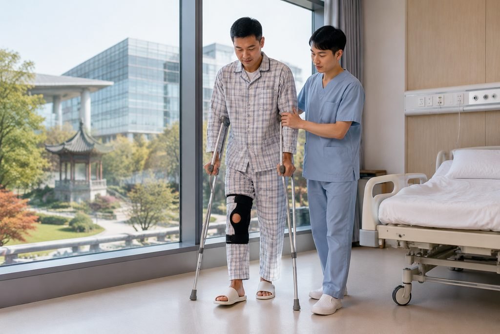 Illustrative image: A patient in pajamas uses crutches while being assisted by a medical staff member in a hospital room with a view of a garden.