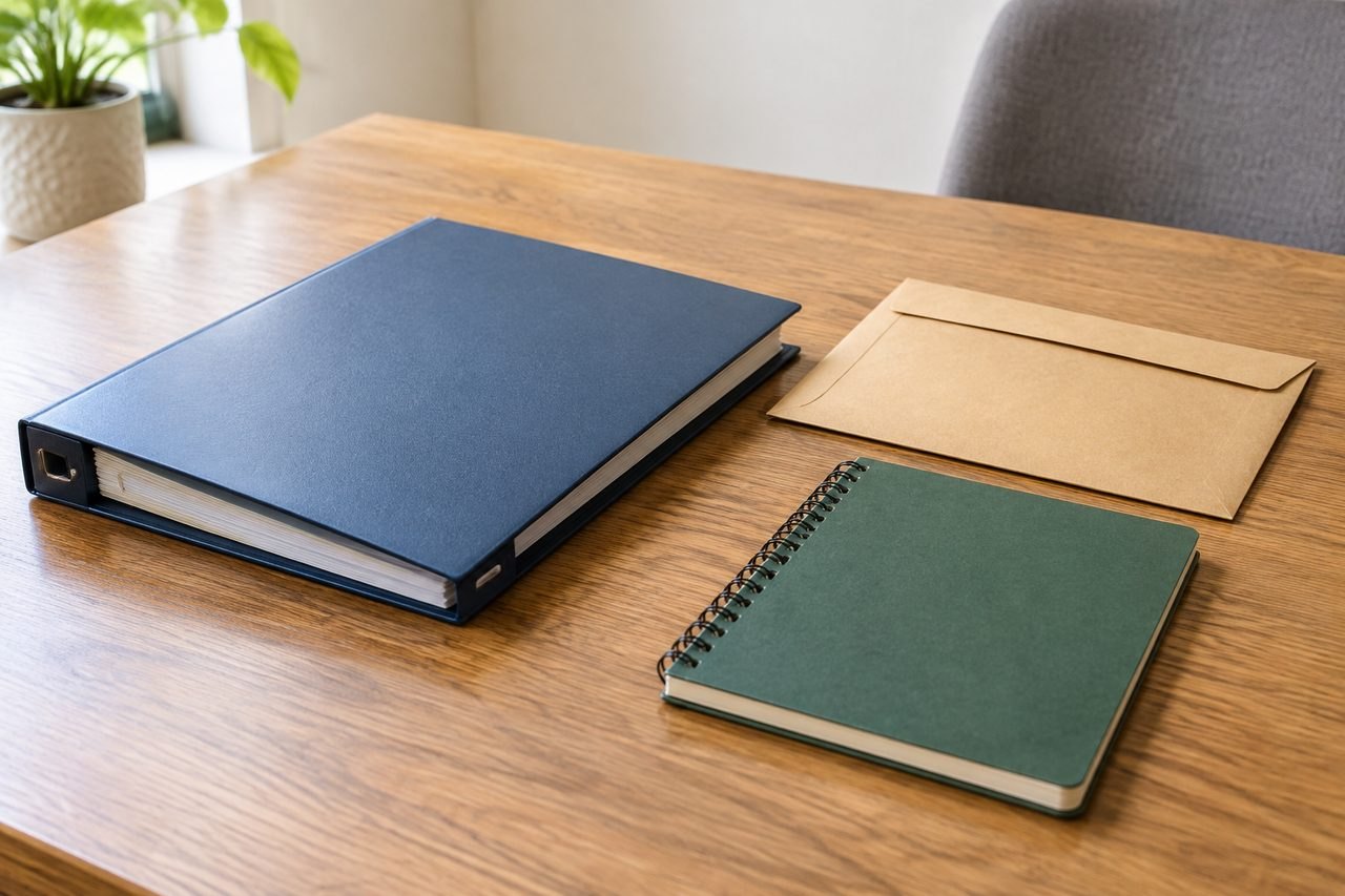 AI illustration: A collection of office supplies including a binder, a notebook, and an envelope on a wooden table.