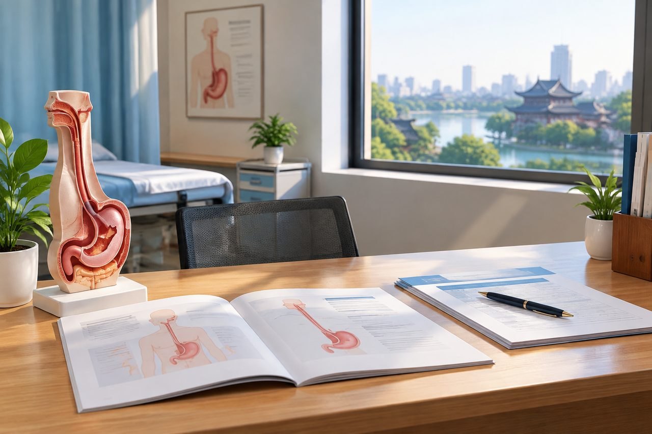 Illustrative image: A medical consultation room featuring an anatomical model and educational materials.