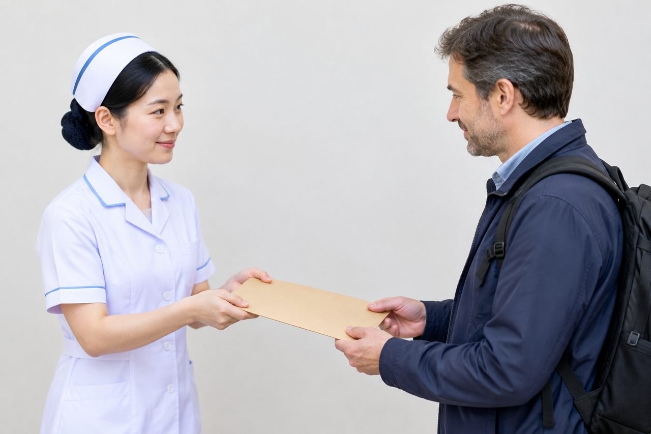 AI illustration: A nurse hands a document to a man in a casual outfit, indicating a consultation or exchange of information.