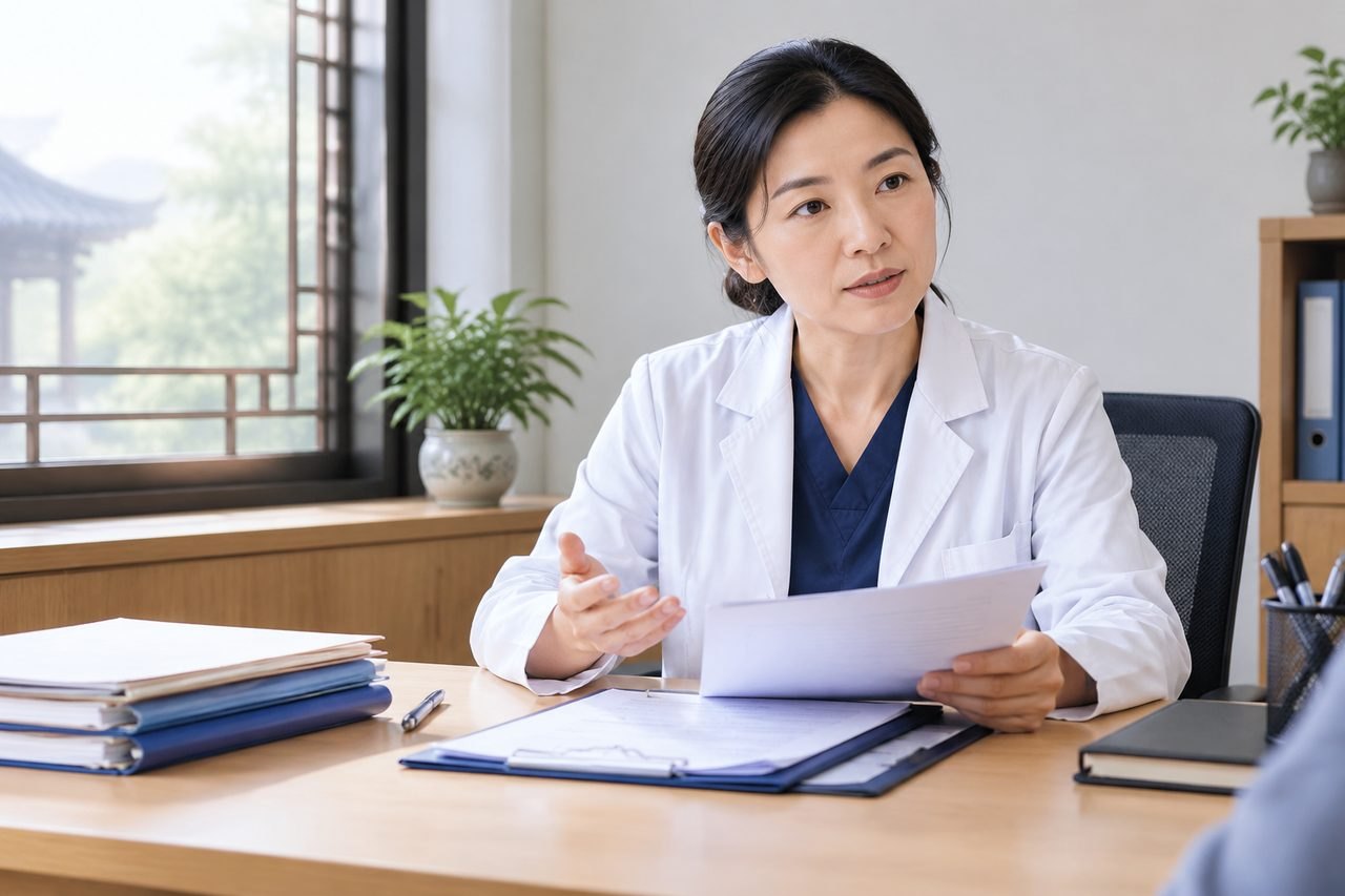 Illustrative image: A doctor discusses information with a patient in a consultation room.