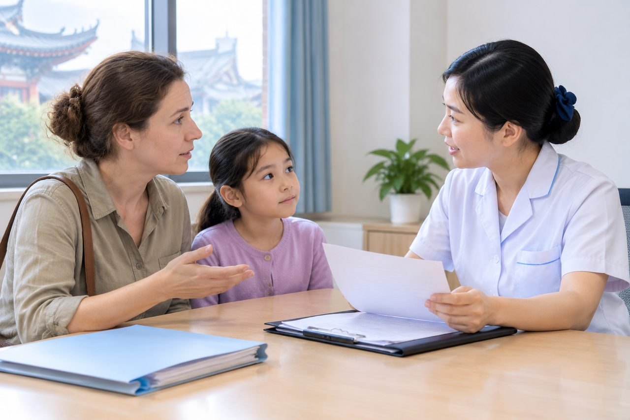 AI illustration: A consultation between a medical professional and a patient with her child in a clinic setting.