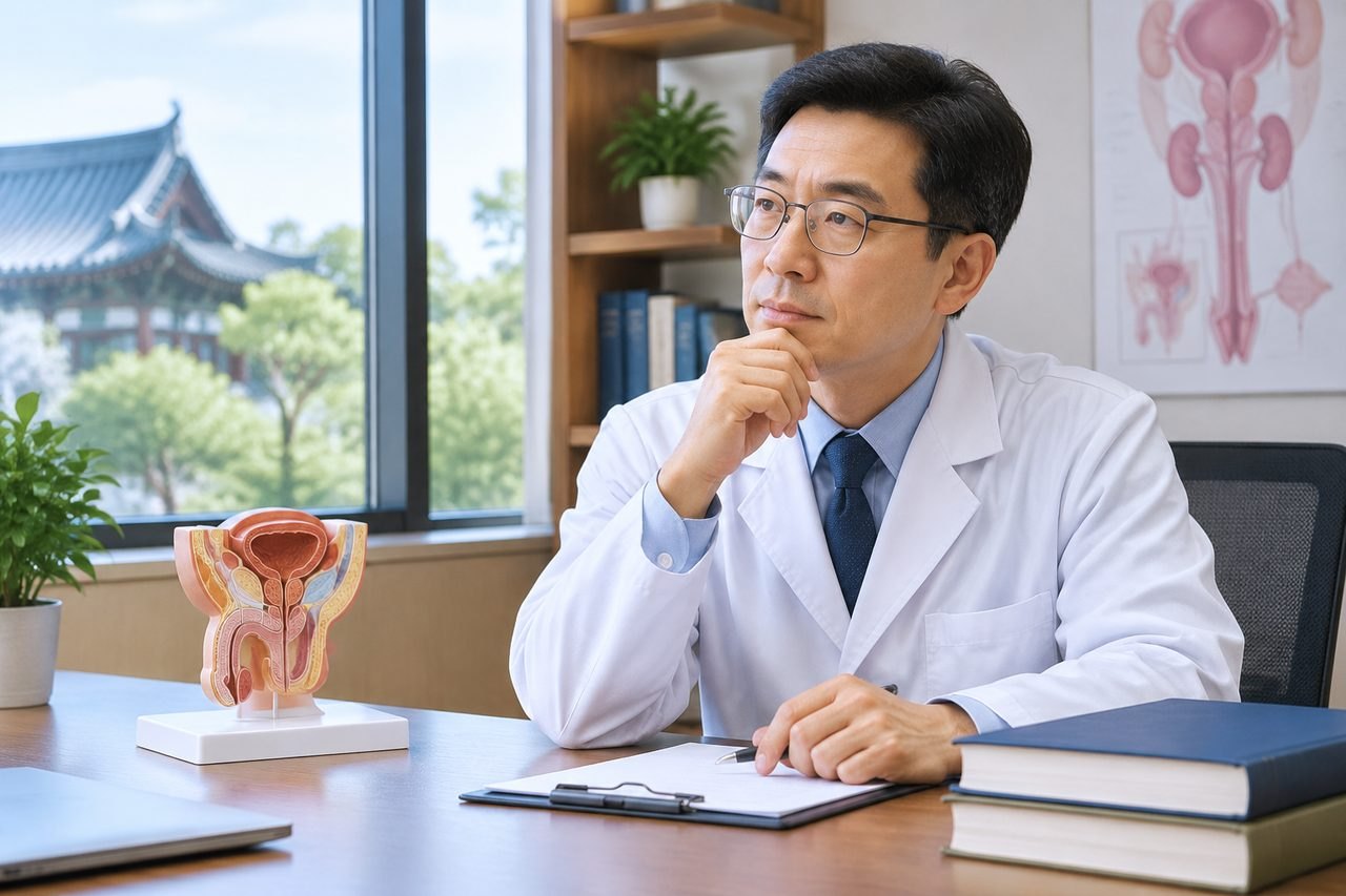 Illustrative image: A medical professional contemplates in a clinic room with anatomical models and books visible.