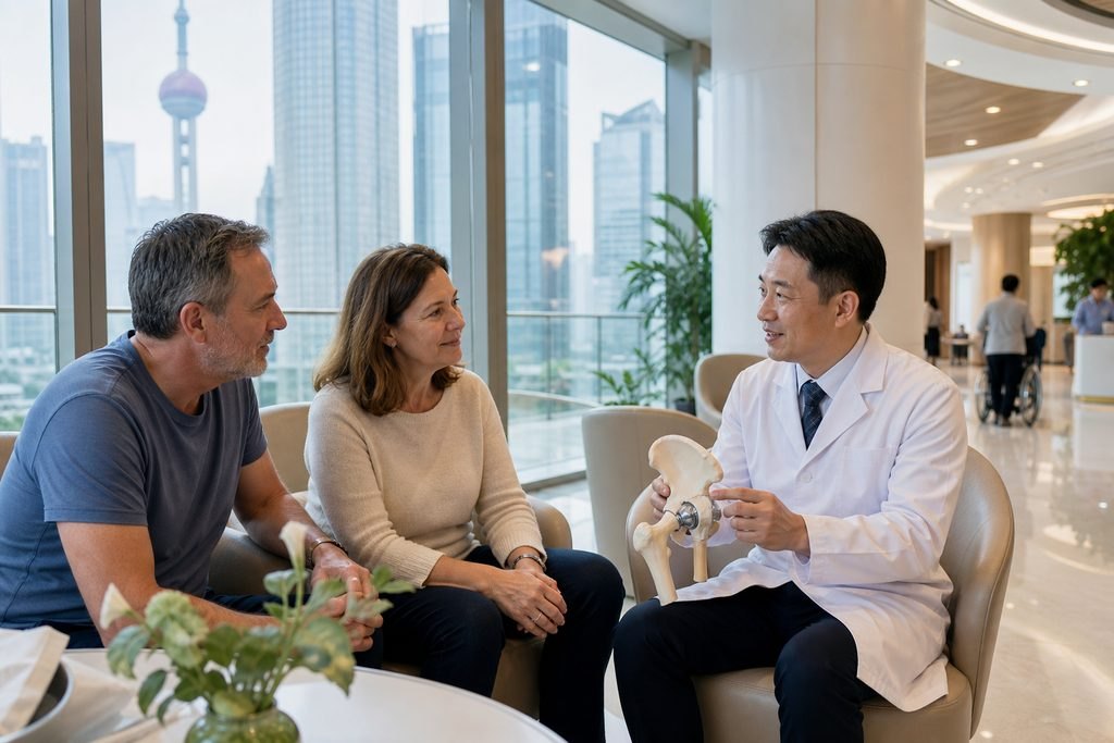 Illustrative image: A doctor discusses a medical model with two patients in a modern clinic setting.
