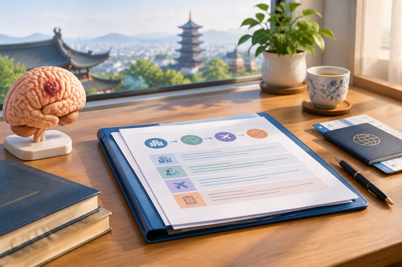 AI illustration: A workspace featuring a brain model, documents, and travel items with a scenic view in the background.