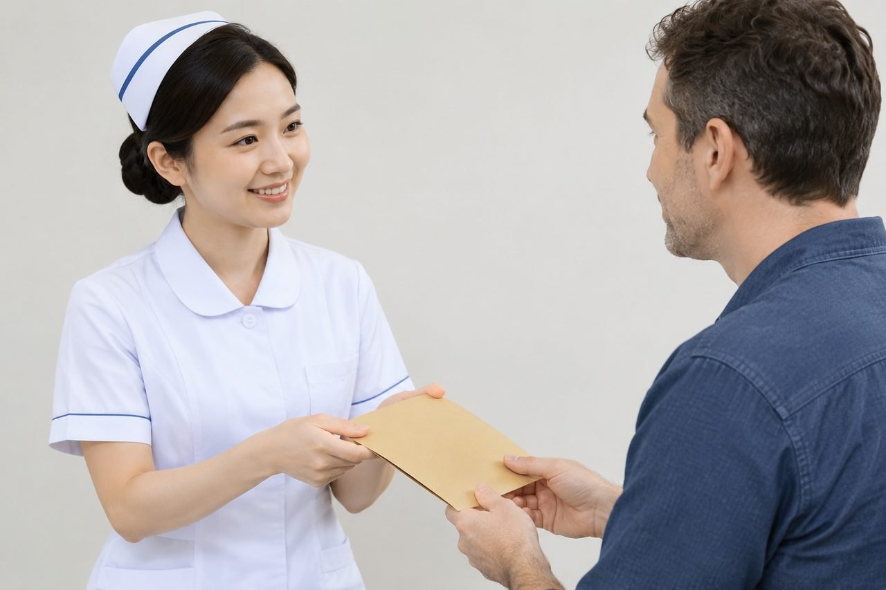 AI illustration: A nurse hands a document to a patient in a clinical setting.