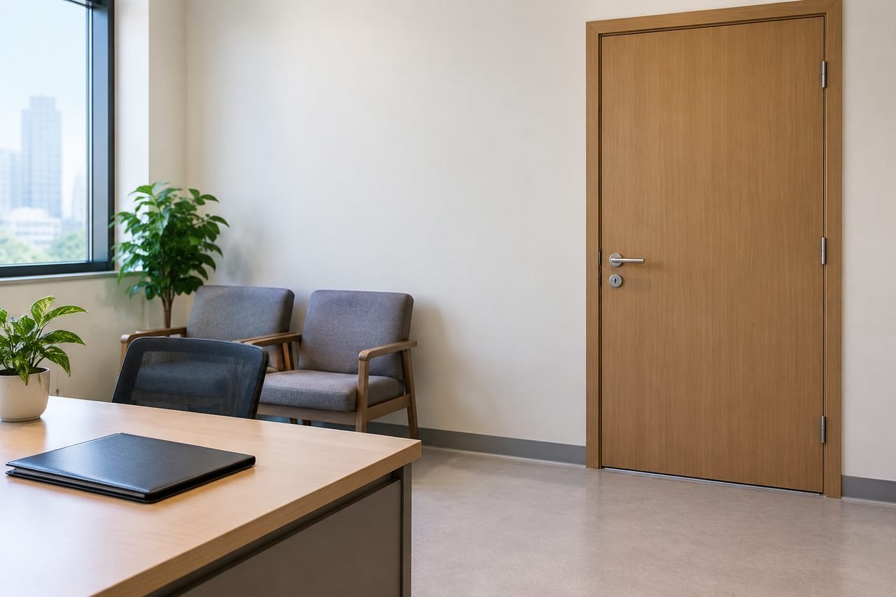 AI illustration: A modern waiting room featuring a desk, chairs, and a door.
