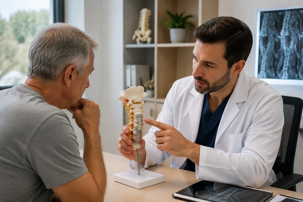 Illustrative image: A doctor explains a spinal model to a patient during a consultation.