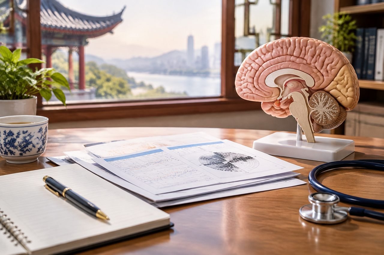 Illustrative image: A desk scene featuring a brain model, medical documents, and a stethoscope with a scenic view outside.