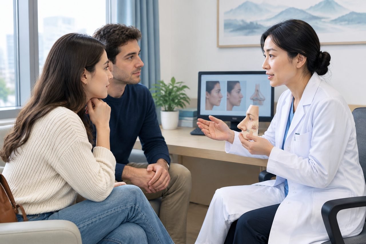 AI illustration: Rhinoplasty in China: Planning Reviews Before Your Return Flight