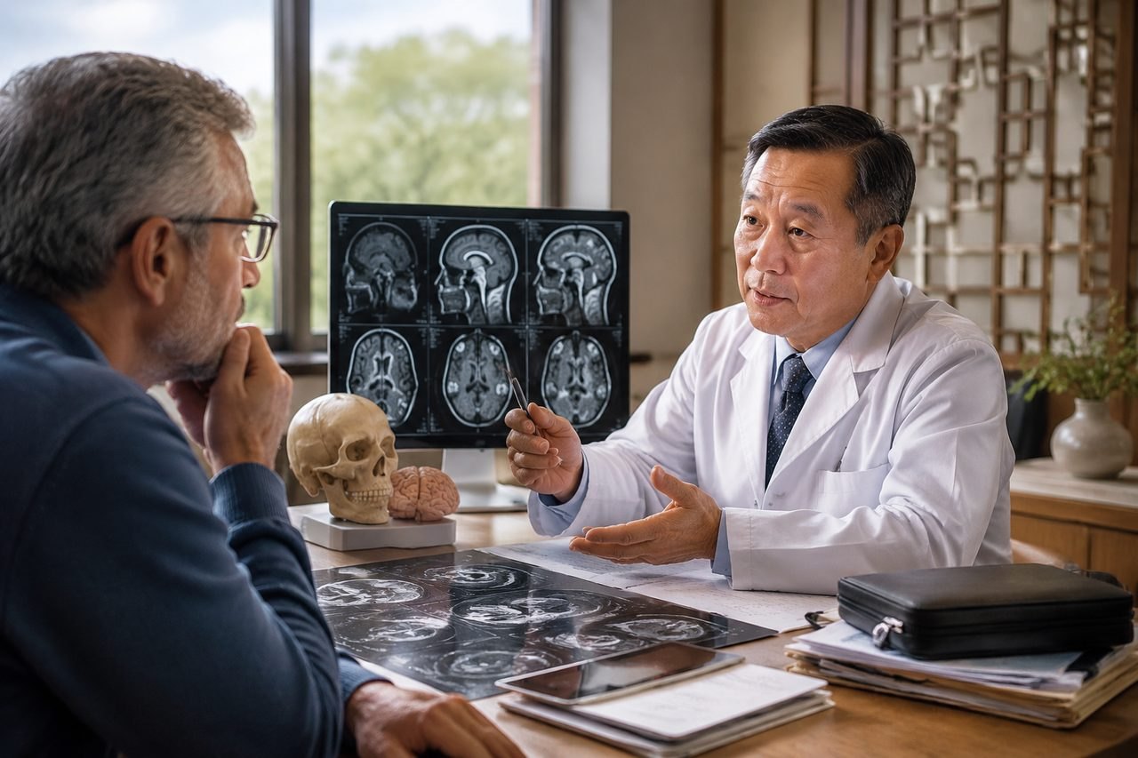 Illustrative image: A doctor discusses MRI scans with a patient in a consultation room.