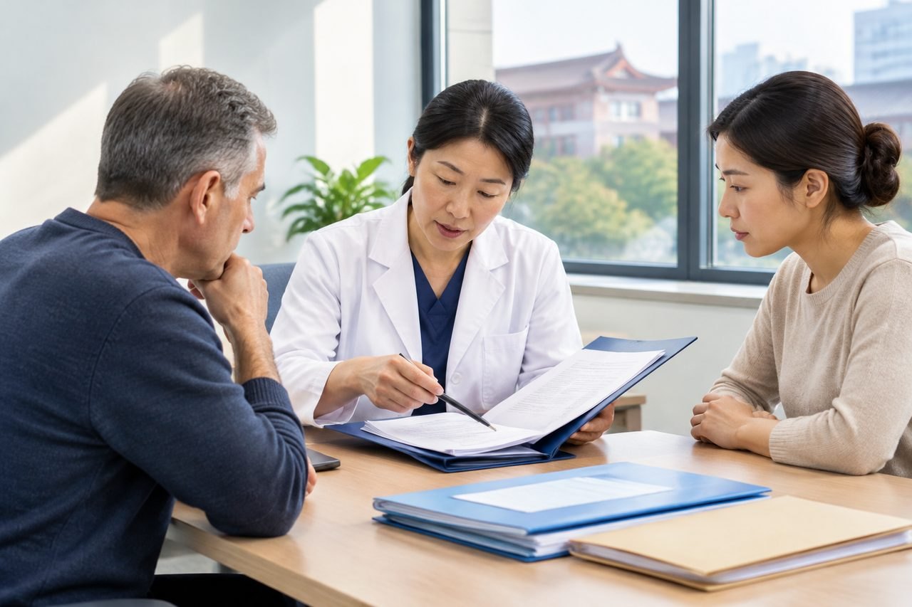AI illustration: A doctor discusses medical documents with a patient and a companion in a consultation room.