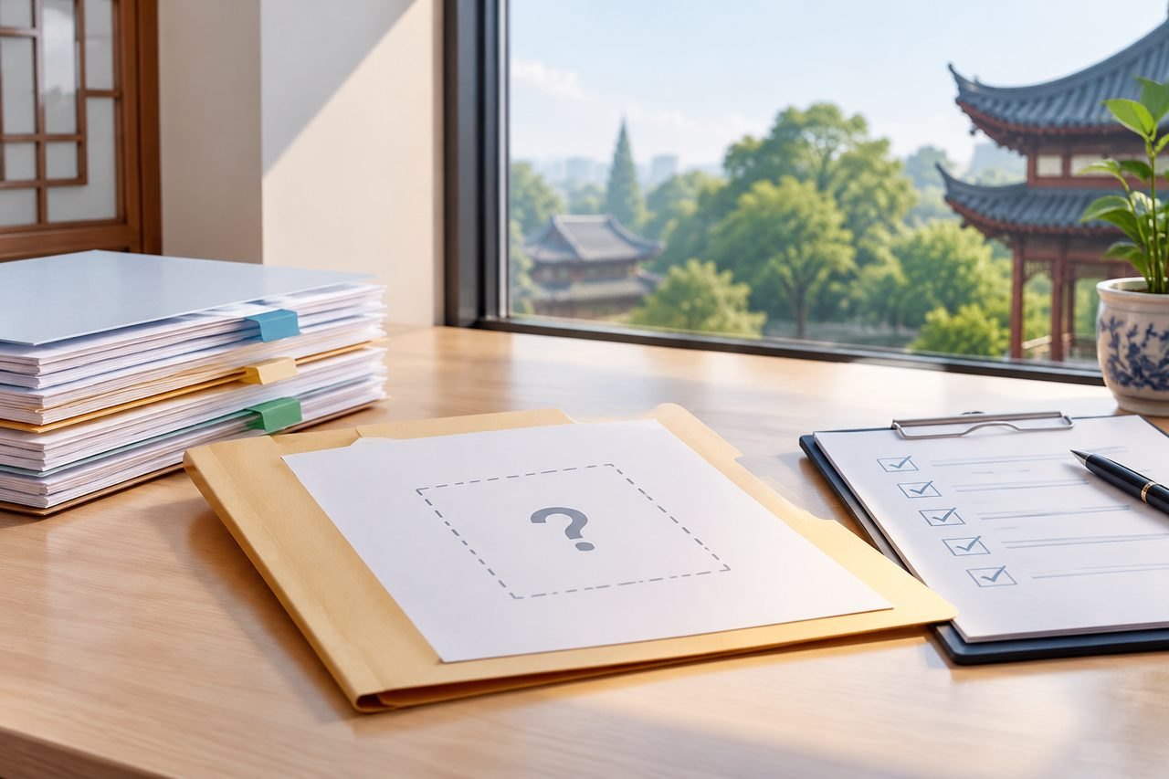 AI illustration: A workspace featuring folders, a checklist, and a view of greenery outside.